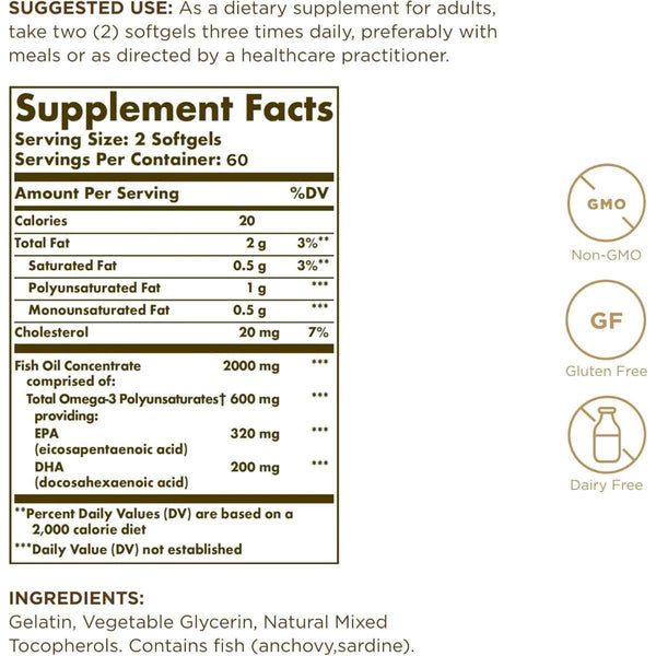 Tabla nutricional del suplemento Solgar Concentrado de Aceite de Pescado Omega-3 120 cápsulas blandas