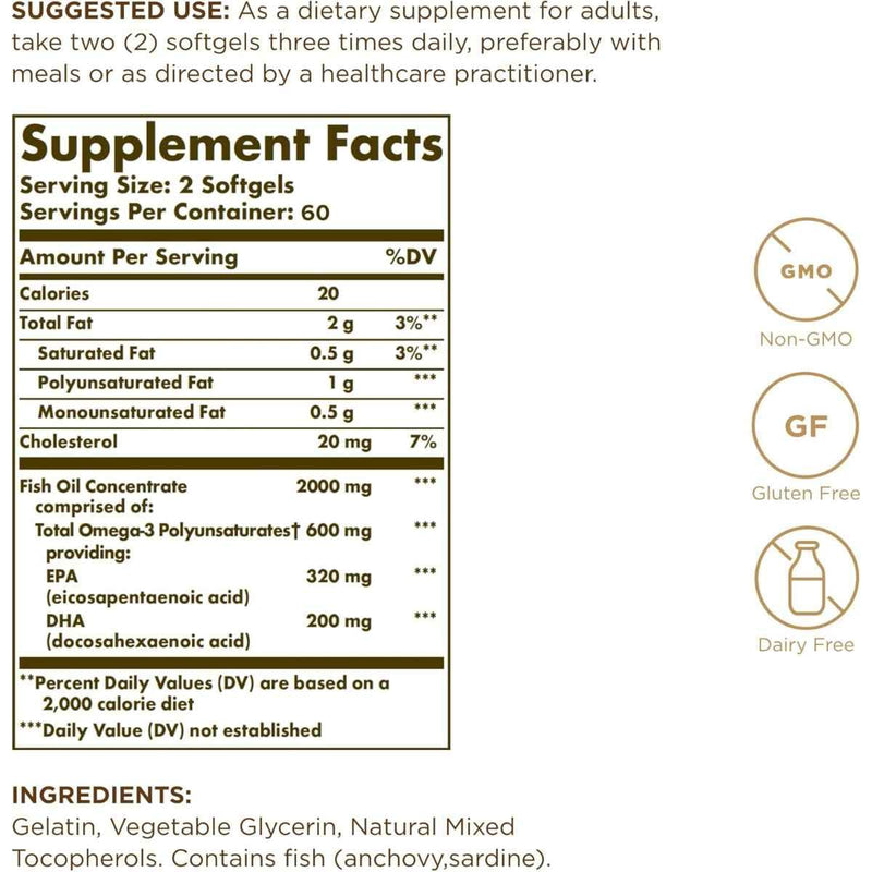 Tabla nutricional del suplemento Solgar Concentrado de Aceite de Pescado Omega-3 120 cápsulas blandas