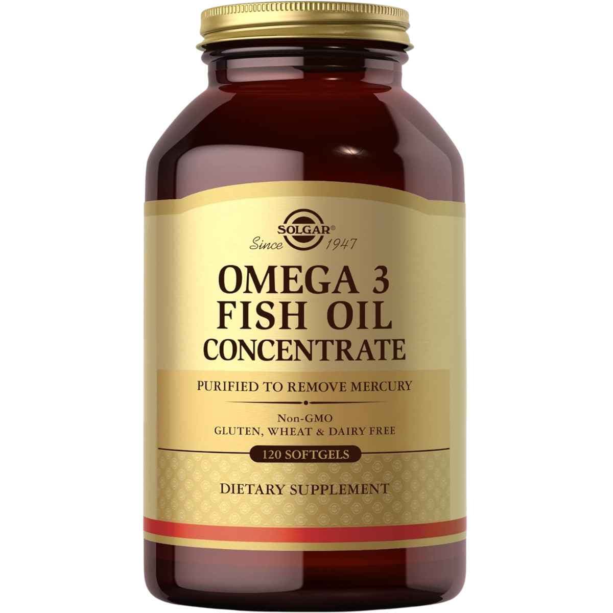 Frasco de suplemento Solgar Concentrado de Aceite de Pescado Omega-3 120 cápsulas blandas