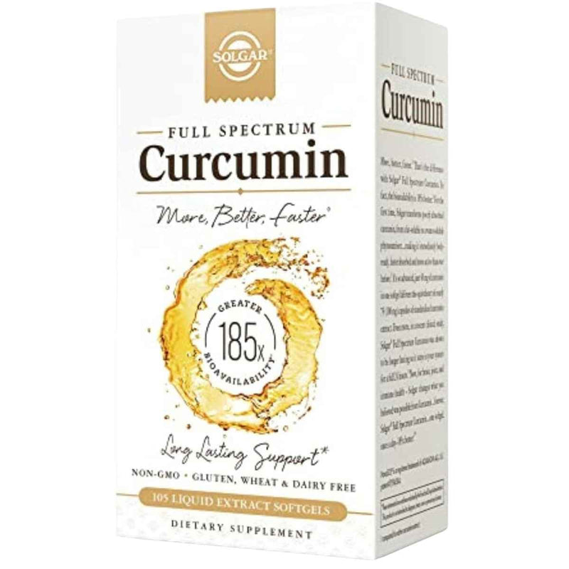 Frasco de suplemento Solgar Curcumina de Espectro Completo 40 mg 105 cápsulas blandas
