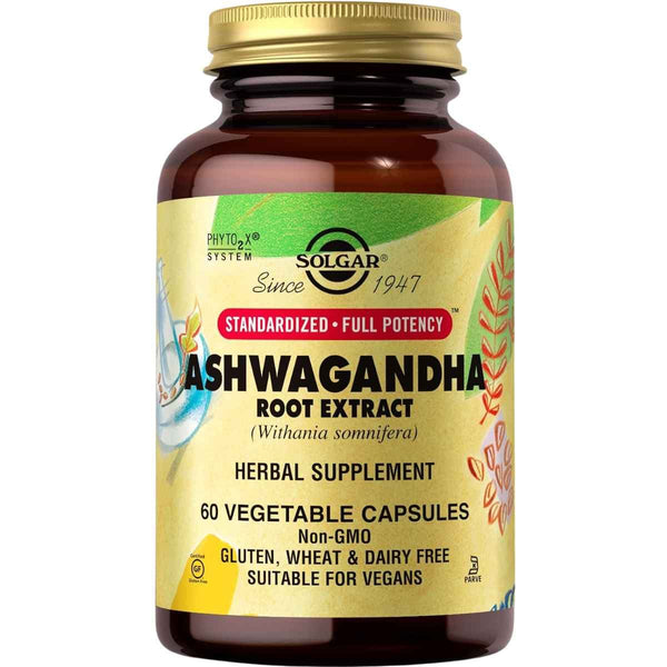 Frasco de suplemento Solgar Extracto de Raíz de Ashwagandha 60 Cápsulas Vegetales