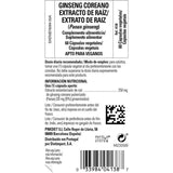 Tabla nutricional del suplemento Solgar Extracto de Raíz de Ginseng Coreano 250 mg 60 Cápsulas Vegetales