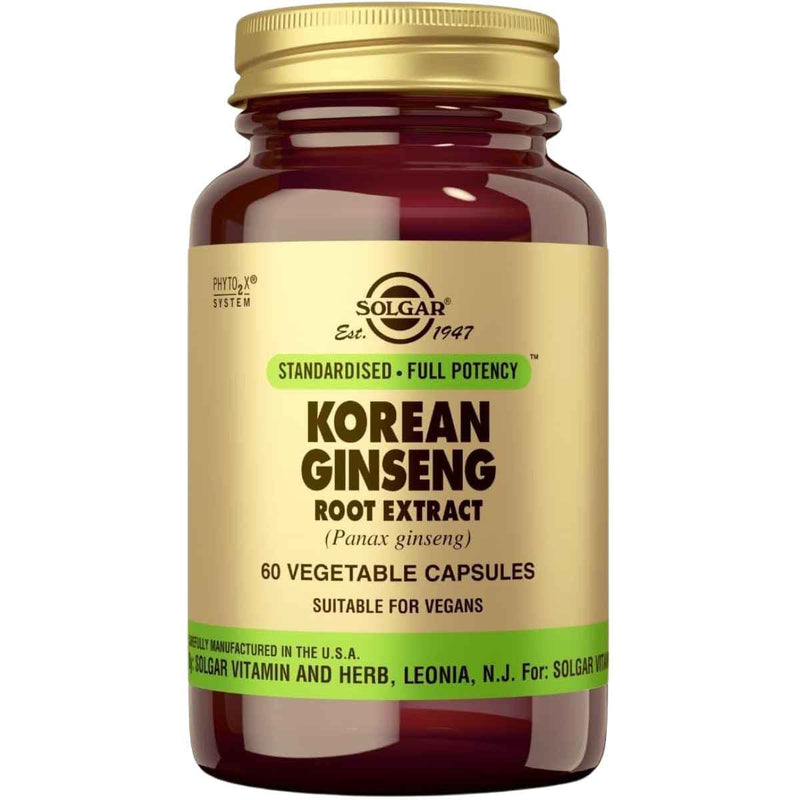 Frasco de suplemento Solgar Extracto de Raíz de Ginseng Coreano 250 mg 60 Cápsulas Vegetales