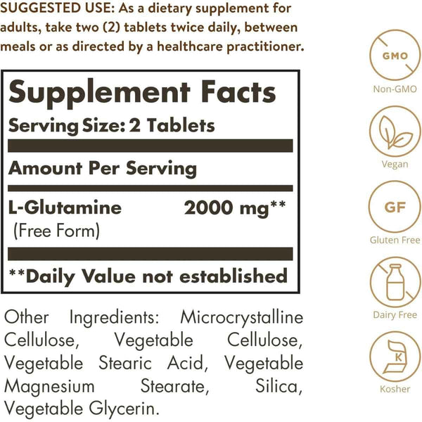 Tabla nutricional del suplemento Solgar L-Glutamina 1000 mg 60 tabletas