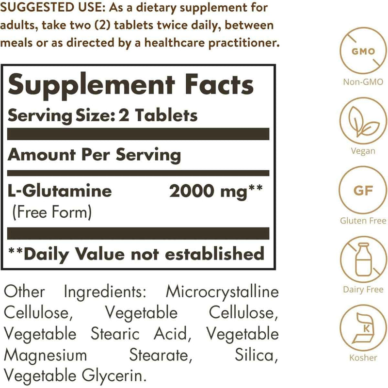 Tabla nutricional del suplemento Solgar L-Glutamina 1000 mg 60 tabletas