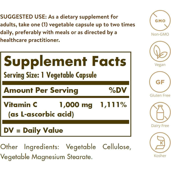 Tabla nutricional del suplemento Solgar Vitamina C 1000 mg 100 cápsulas