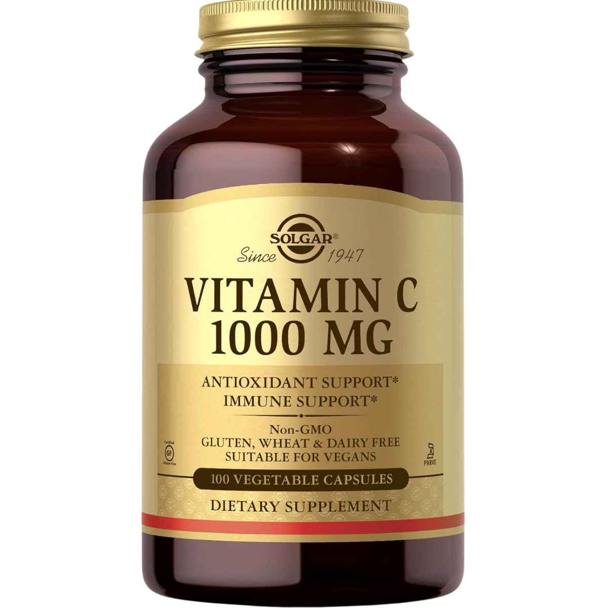 Frasco de suplemento Solgar Vitamina C 1000 mg 100 cápsulas