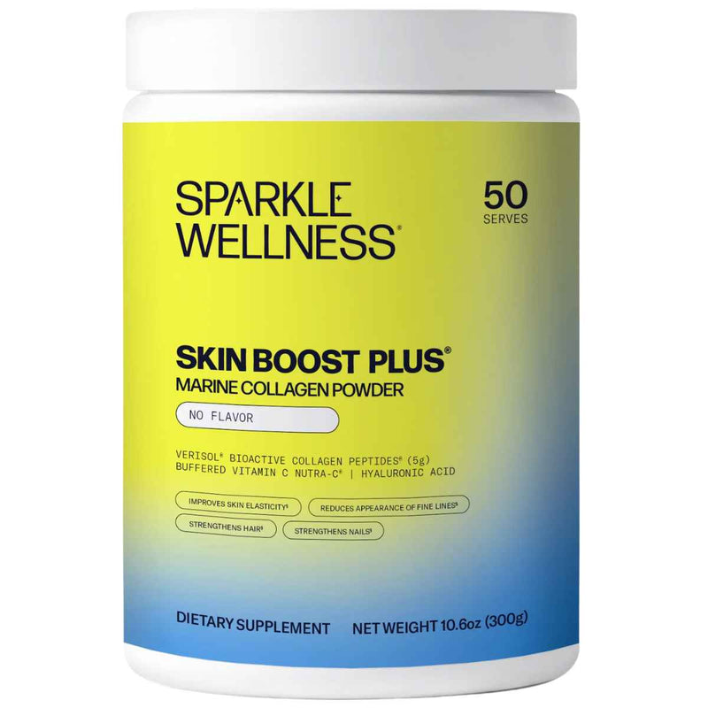 Etiqueta con información del suplemento Sparkle Wellness Skin Boost Plus Colágeno Marino 180 g