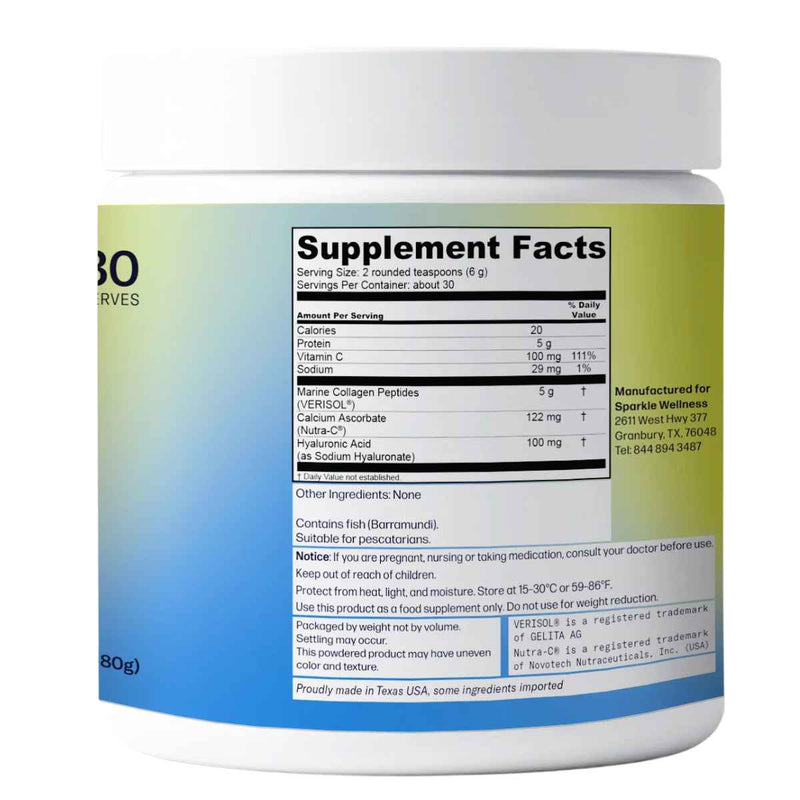 Tabla nutricional del suplemento Sparkle Wellness Skin Boost Plus Colágeno Marino 180 g