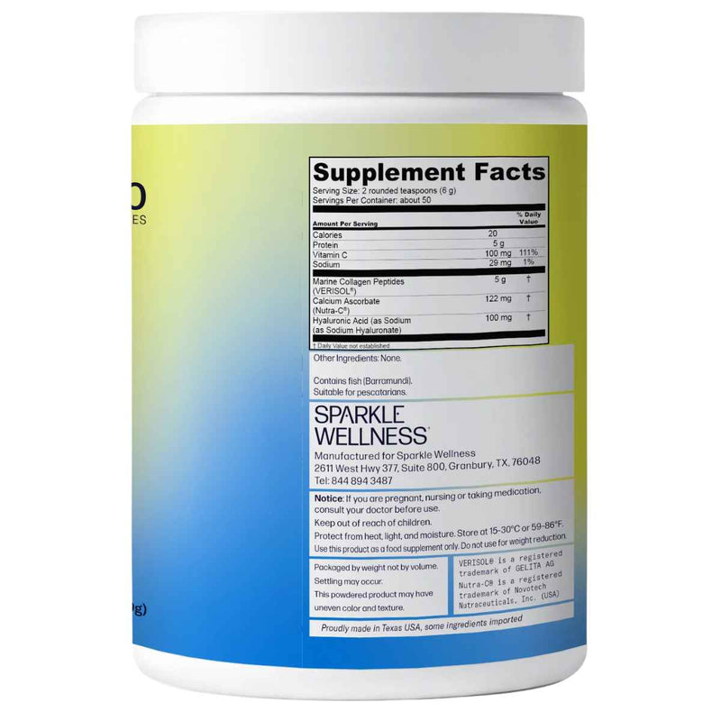 Frasco de suplemento Sparkle Wellness Skin Boost Plus Colágeno Marino 300 