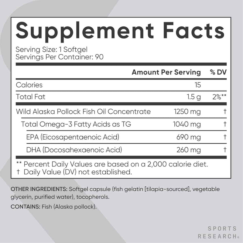 Tabla nutricional del suplemento Sports Research Omega-3 Fish Oil 1250 mg - 90 Cápsulas Blandas