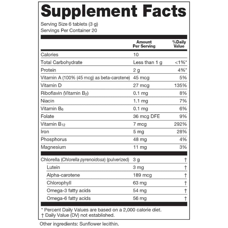 Tabla nutricional del suplemento Sun Chlorella Chlorella Pyrenoidosa 120 tabletas
