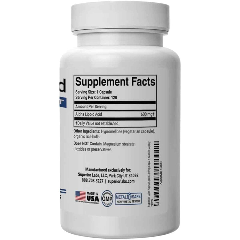 Tabla nutricional del suplemento Superior Labs Ácido Alfa Lipoico 600 mg 120 Cápsulas Vegetarianas