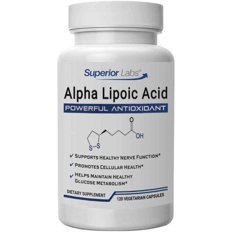 Frasco de suplemento Superior Labs Ácido Alfa Lipoico 600 mg 120 Cápsulas Vegetarianas