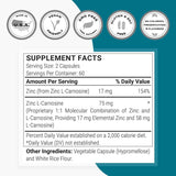 Tabla nutricional del suplemento SuperSmart Zinc L-Carnosine 75 mg 120 cápsulas