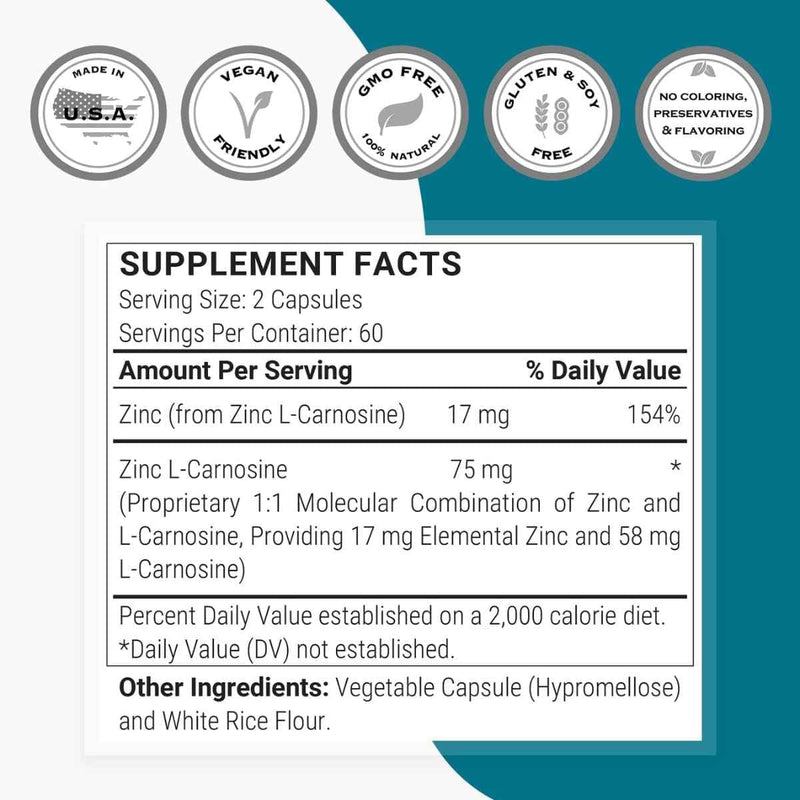 Tabla nutricional del suplemento SuperSmart Zinc L-Carnosine 75 mg 120 cápsulas