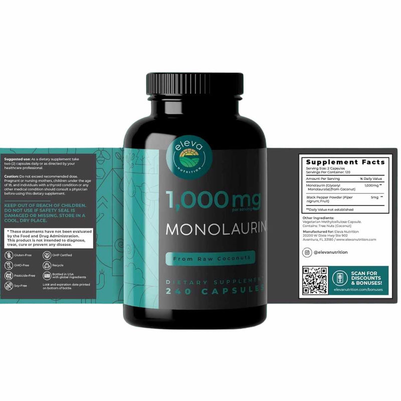 Información nutricional Eleva Monolaurin 1000 mg - 240 cápsulas - suplemento natural vegano