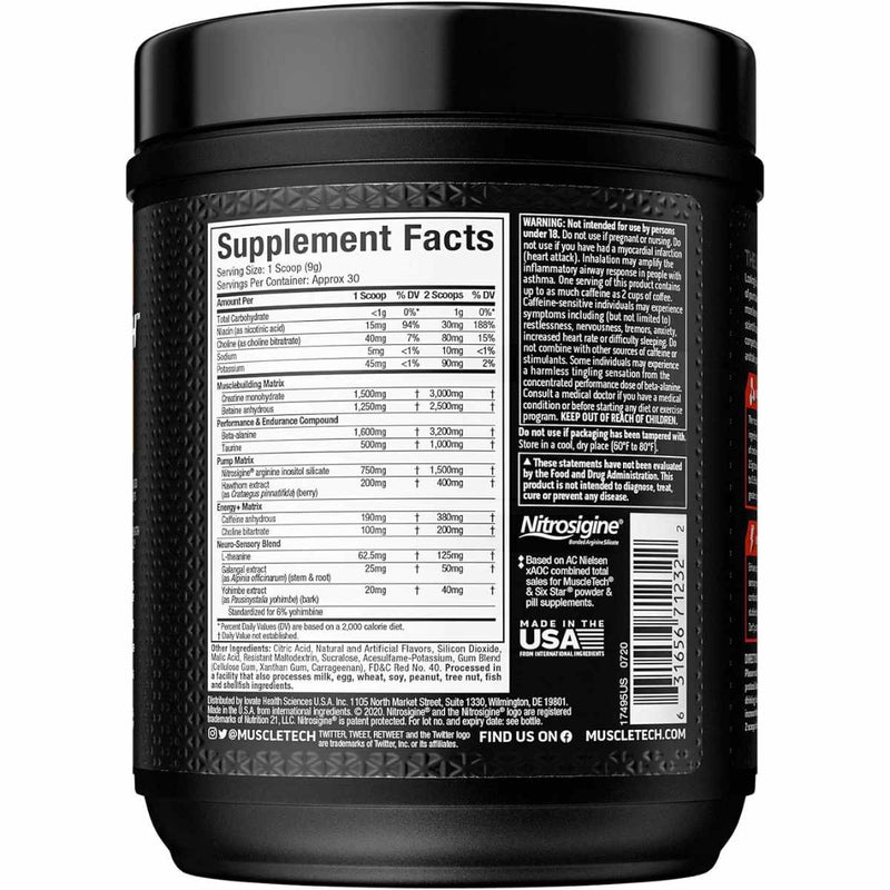 Nutrientes de MuscleTech VaporX5 Pre-Entrenamiento - 272 g