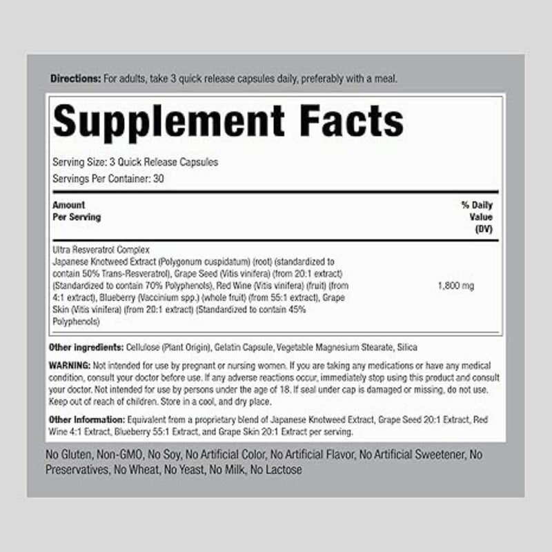 Complejo de Resveratrol Piping Rock - Tabla de Ingredientes y Porciones.