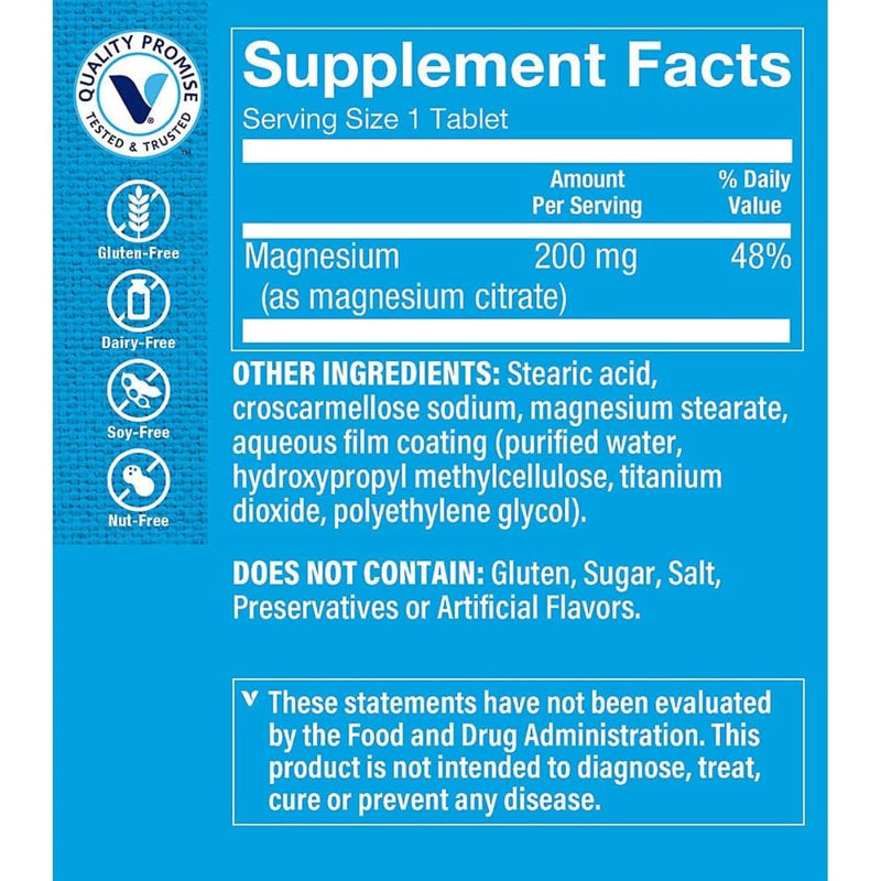 Tabla nutricional del suplemento The Vitamin Shoppe Citrato de Magnesio 200 mg 300 Tabletas