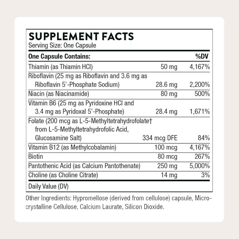 Tabla nutricional del suplemento Thorne Complejo B para el Estrés 60 cápsulas
