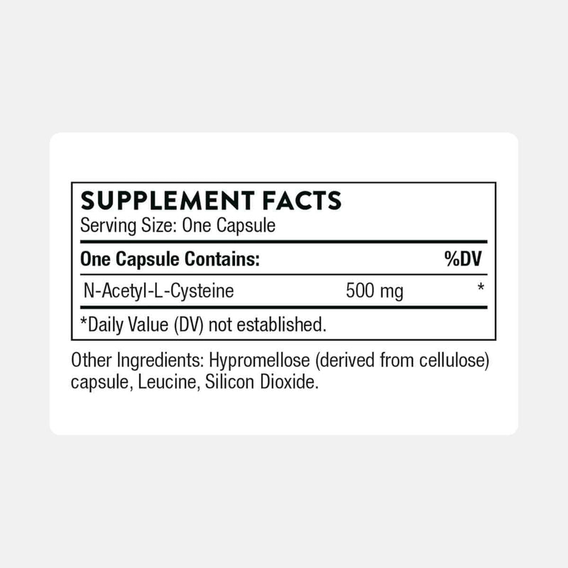 Tabla nutricional del suplemento Thorne Research N-Acetilcisteína 90 cápsulas