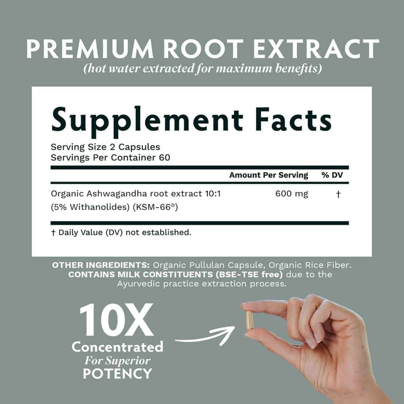 Tabla nutricional del suplemento TRIBE ORGANICS Extracto Orgánico de Raíz de Ashwagandha KSM-66 (600 mg - 90 Cápsulas)