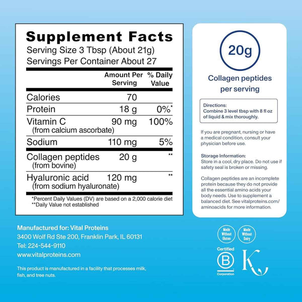 Tabla nutricional del suplemento Vital Proteins Collagen Peptides Advanced Unflavored 20 oz