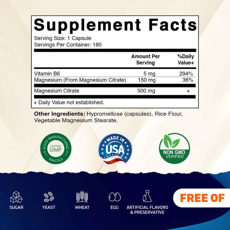 Tabla nutricional del suplemento Vitamatic Citrato de Magnesio con B6 500 mg 180 cápsulas vegetarianas