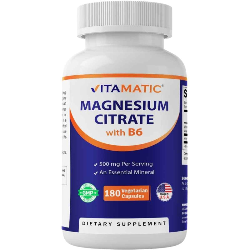 Frasco de suplemento Vitamatic Citrato de Magnesio con B6 500 mg 180 cápsulas vegetarianas