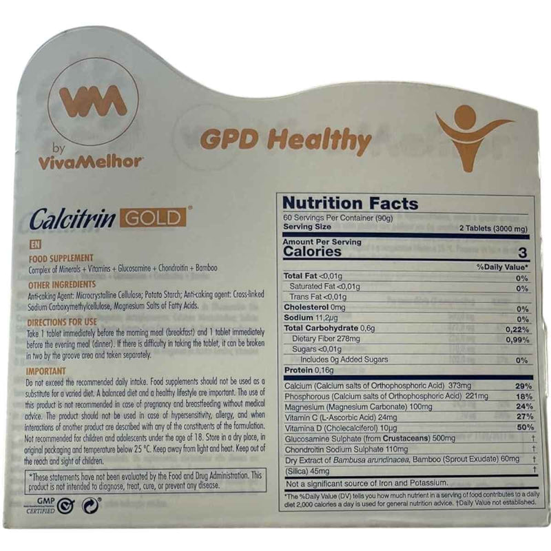 Tabla nutricional del suplemento VivaMelhor Calcitrin Oro 60 tabletas