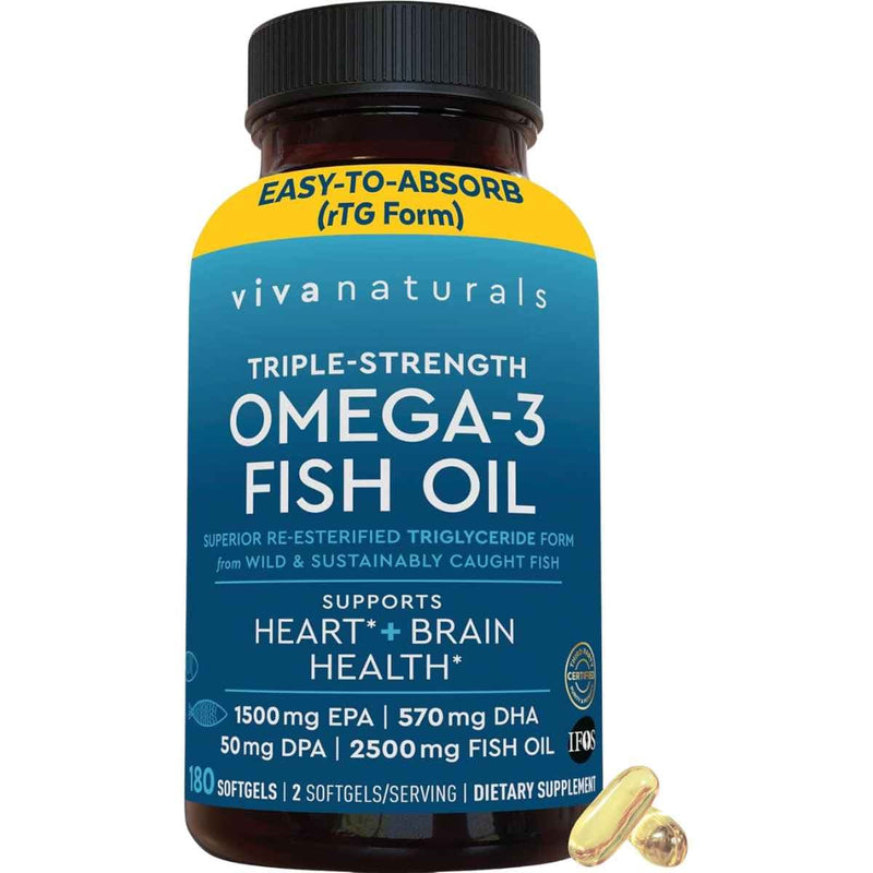 Frasco de suplemento Viva Naturals Aceite de Pascado Omega-3 2500 mg 180 Cápsulas Blandas