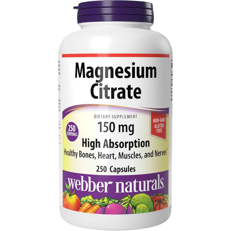 Frasco de suplemento Webber Naturals Citrato de Magnesio 150 mg 250 Cápsulas