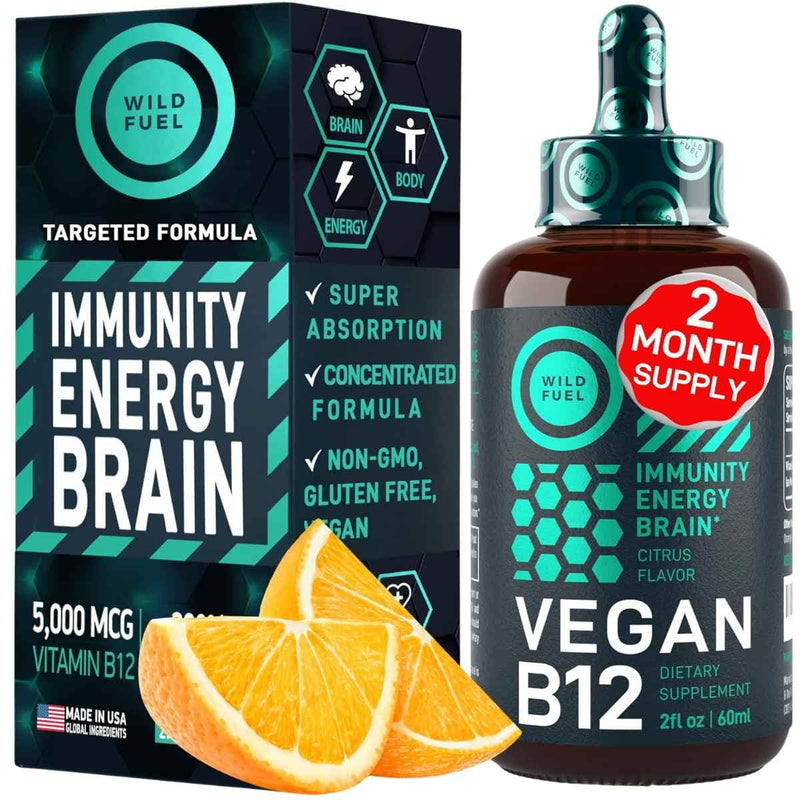 Frasco de suplemento Wild Fuel Vitamina B12 Metilcobalamina Sabor Cítrico 5000 mcg 60 ml