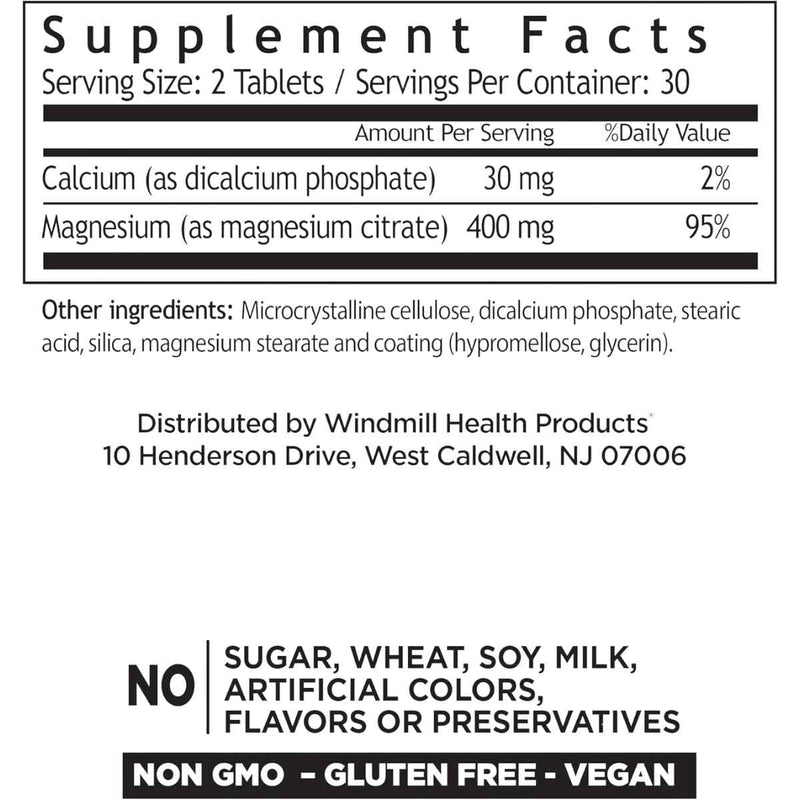 Tabla nutricional del suplemento Windmill Natural Vitamins Citrato de Magnesio 400 mg 60 Tabletas