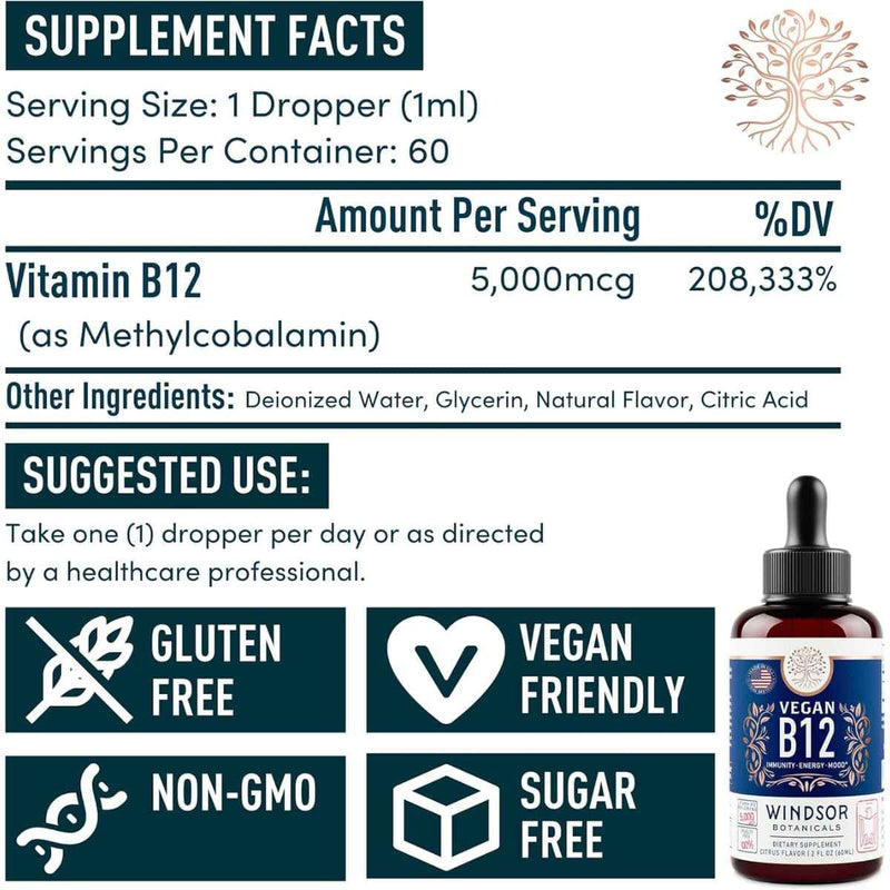 Tabla nutricional del suplemento Windsor Botanicals Vitamina B12 Metilcobalamina Sabor Cítrico 60 ml Gotas