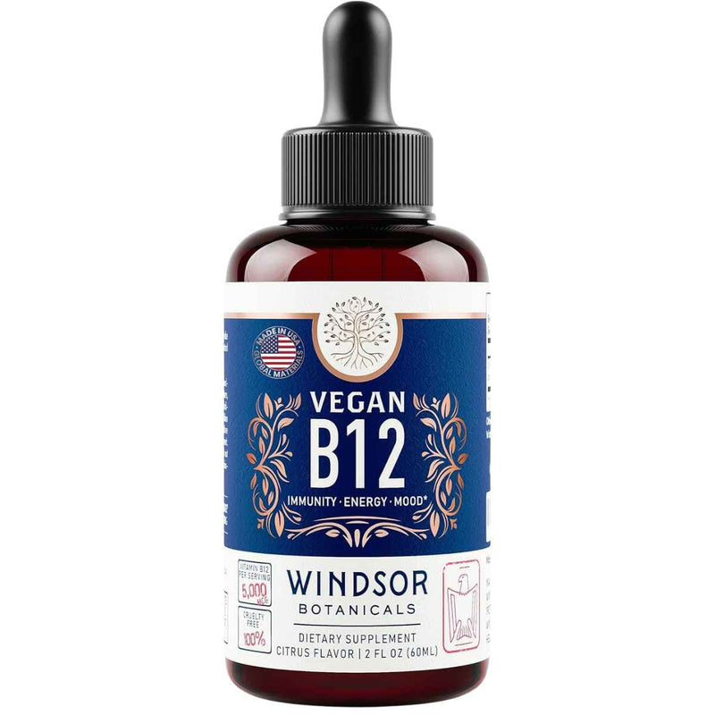 Frasco de suplemento Windsor Botanicals Vitamina B12 Metilcobalamina Sabor Cítrico 60 ml Gotas