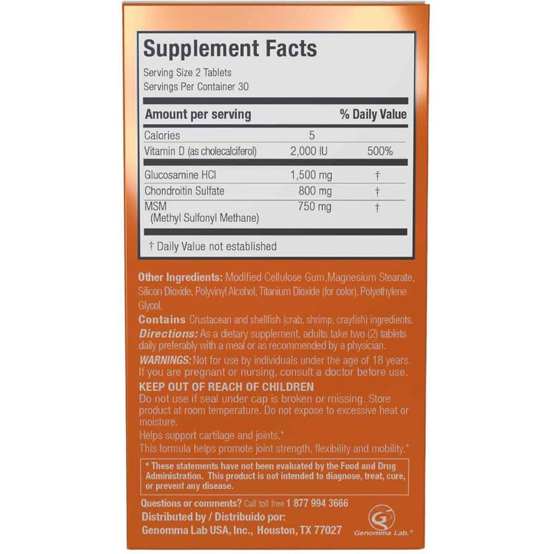 Tabla nutricional del suplemento X Ray Dol Glucosamina, Condroitina, MSM 60 Tabletas