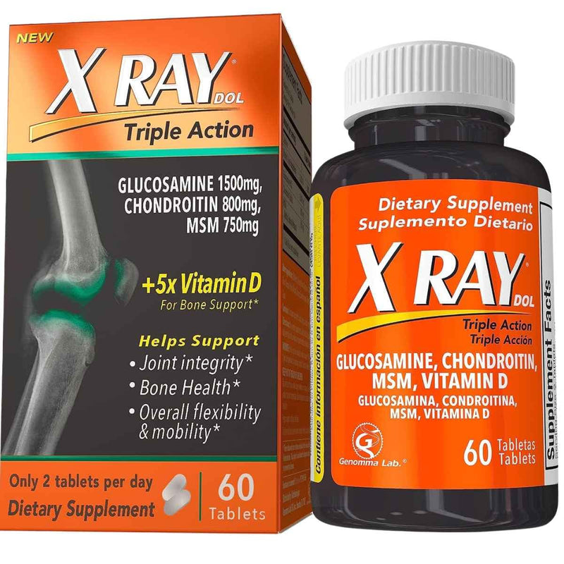Frasco y caja del suplemento X Ray Dol Glucosamina, Condroitina, MSM 60 Tabletas
