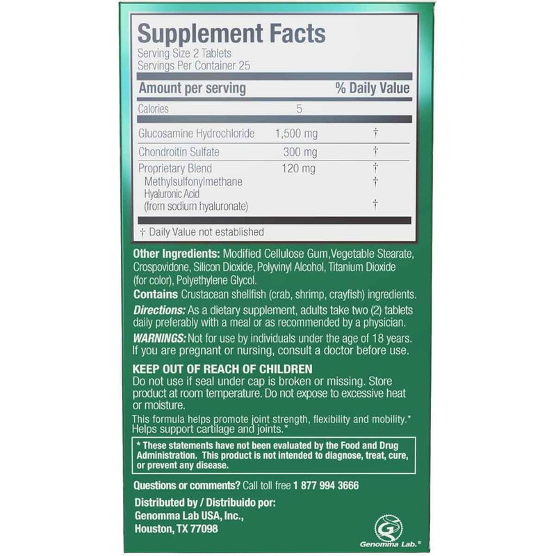 Tabla nutricional del suplemento X Ray Dol Glucosamina, Condroitina y MSM 50 tabletas
