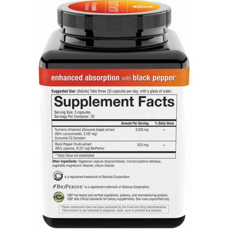 Tabla nutricional del suplemento Youtheory Cúrcuma (Complejo Curcumin C3) 2250 mg 210 Cápsulas Vegetarianas