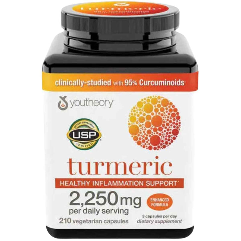 Frasco de suplemento Youtheory Cúrcuma (Complejo Curcumin C3) 2250 mg 210 Cápsulas Vegetarianas