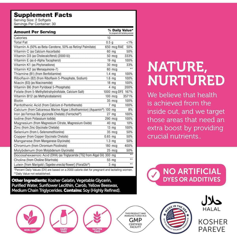 Tabla nutricional del suplemento ZAHLER Prenatal con DHA y Folato Metilado 60 cápsulas blandas