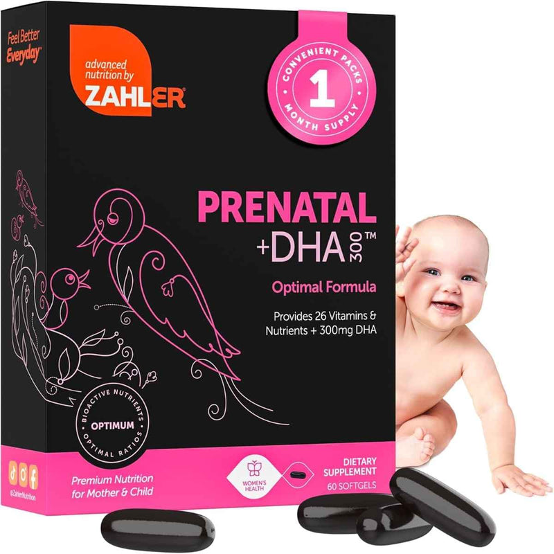 Frasco de suplemento ZAHLER Prenatal con DHA y Folato Metilado 60 cápsulas blandas