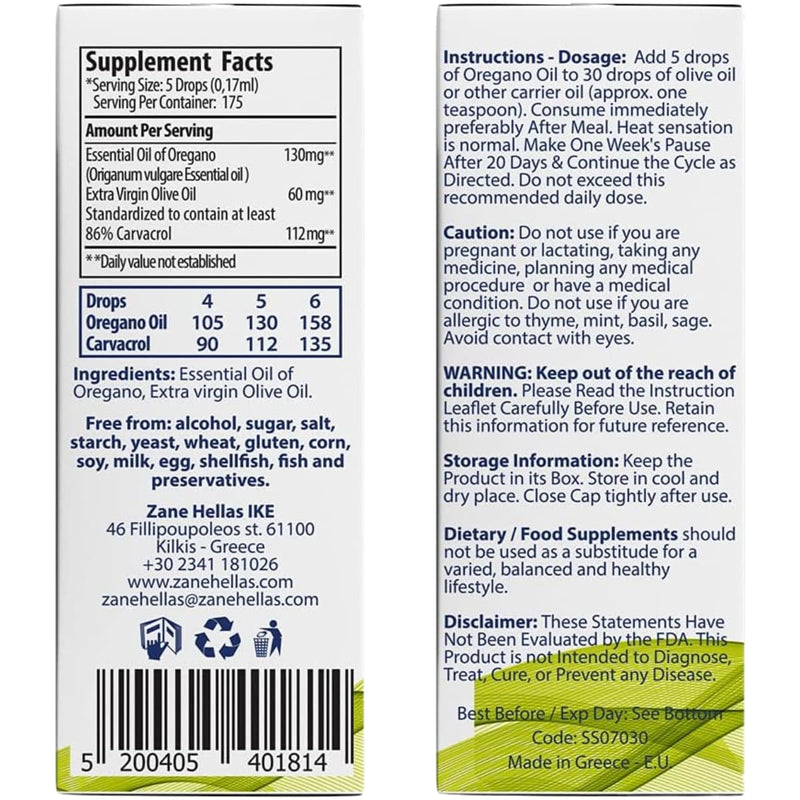 Tabla nutricional del suplemento Zane Hellas Aceite de Orégano 30 mL