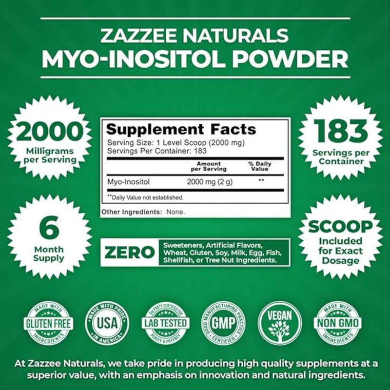 Tabla nutricional del suplemento Zazzee Naturals Myo-Inositol en Polvo 366 g