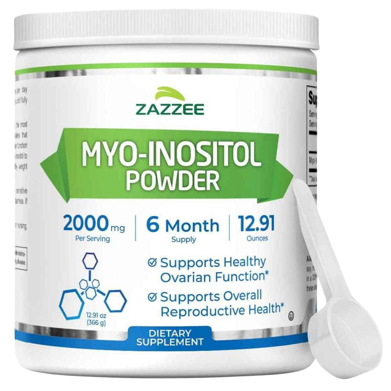Frasco de suplemento Zazzee Naturals Myo-Inositol en Polvo 366 g