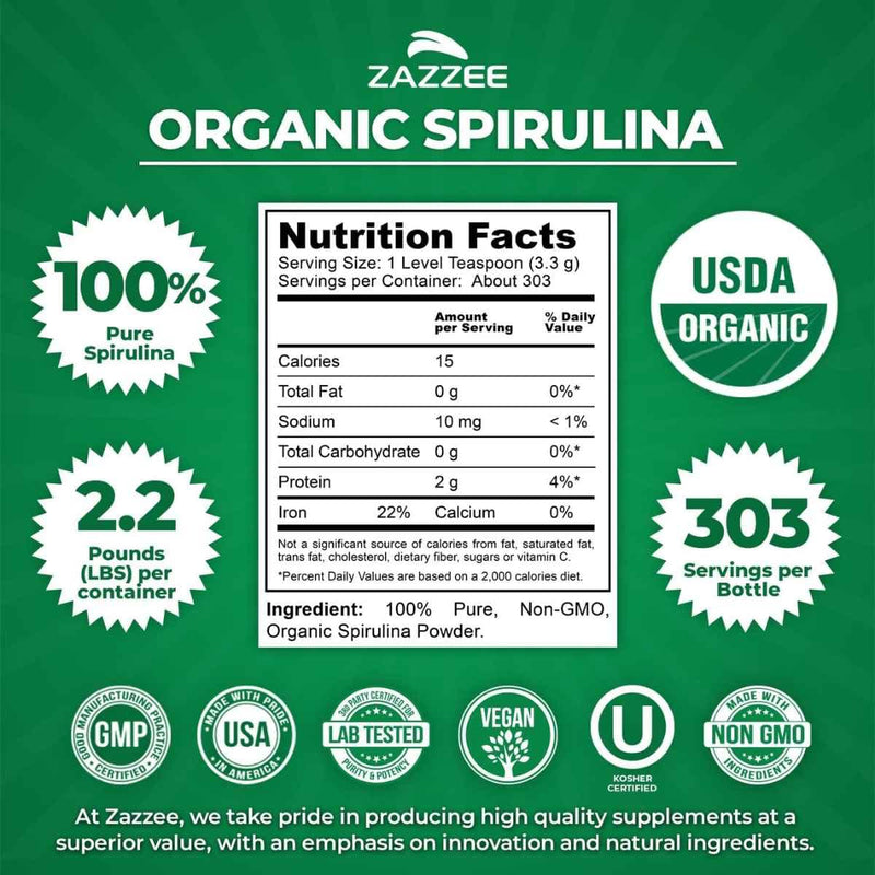 Tabla nutricional del suplemento Zazzee Organics Espirulina Orgánica Pura 1 KG Polvo