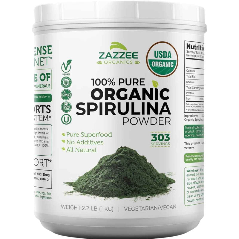 Frasco de suplemento Zazzee Organics Espirulina Orgánica Pura 1 KG Polvo