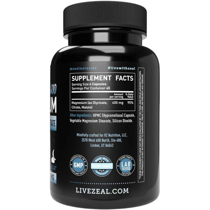 Tabla nutricional del suplemento Zeal Naturals Magnesio Quelado Complejo 180 Cápsulas